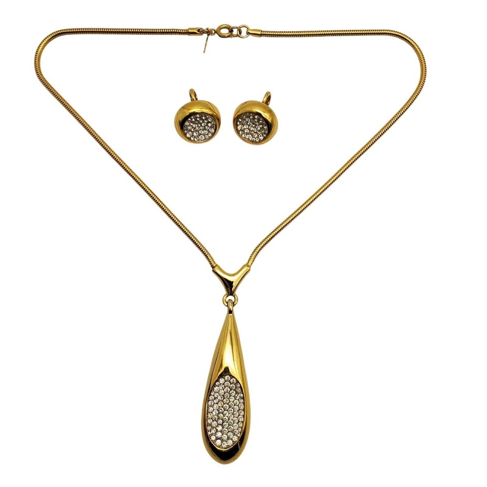 Trifari Necklace Clip Earring Rhinestone Teardrop Pendant Snake Chain Gold Tone
